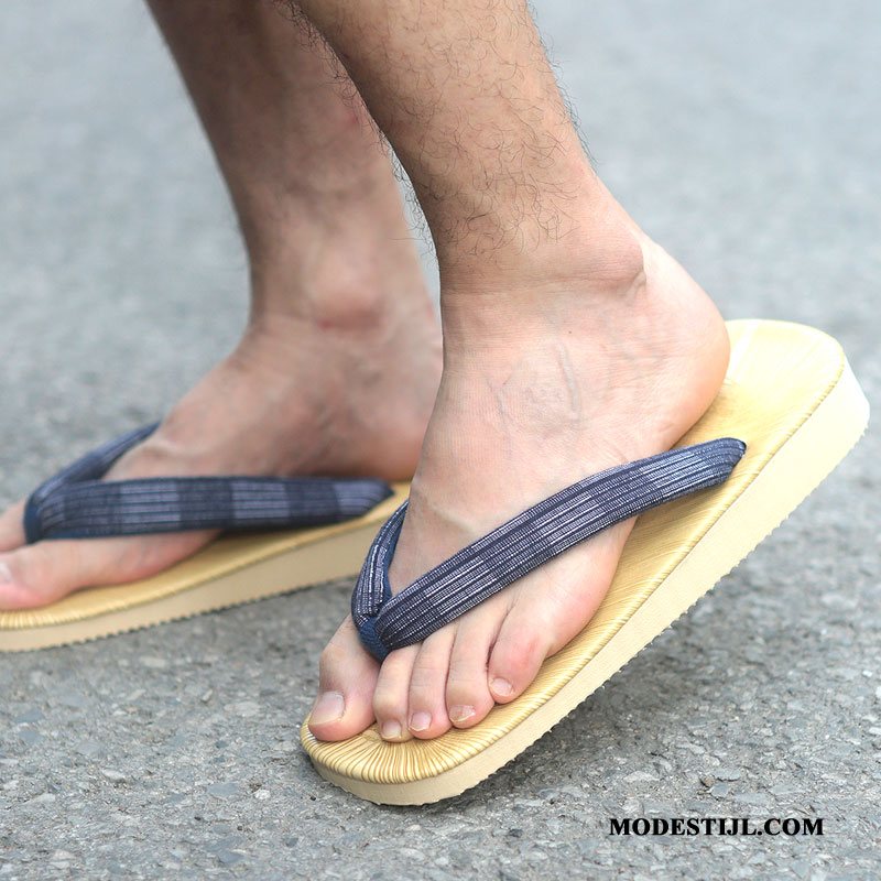 Heren Flip Flops Winkel Houten Dikke Zool Mannen Lovers Slipper Blauw