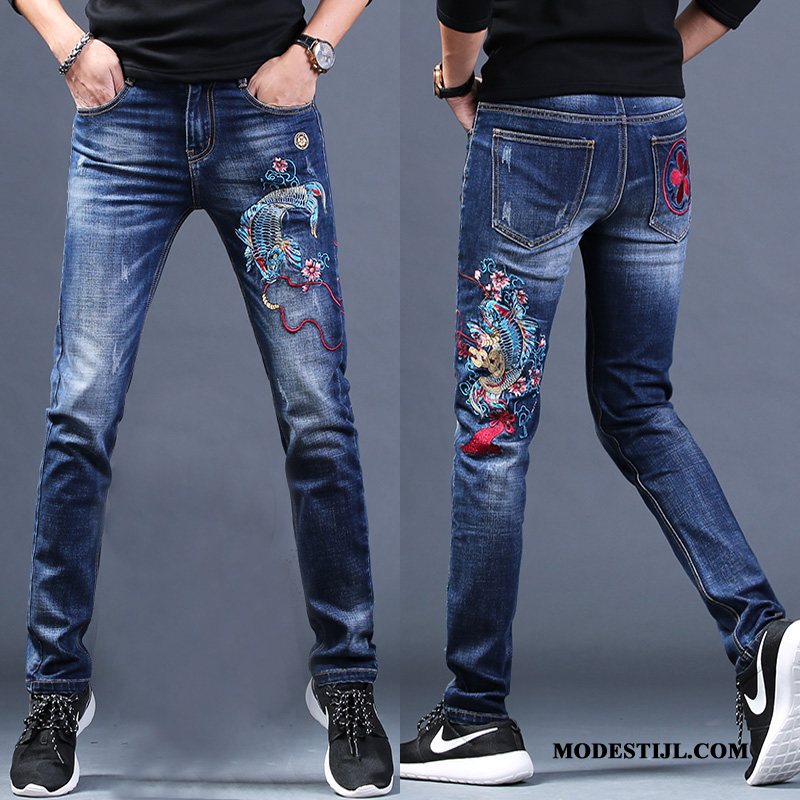 Heren Jeans Goedkoop Koe Borduurwerk Voorjaar Trendy Merk Spijkerbroek Jeans Blauw