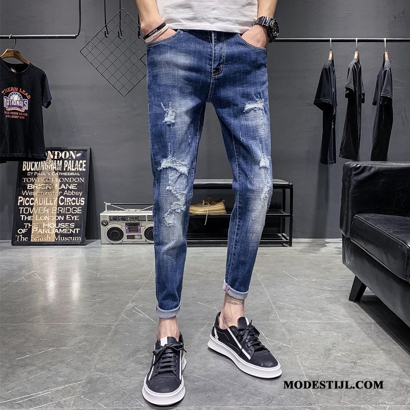 Heren Jeans Goedkoop Mini Gaten Spijkerbroek Jeans Slim Fit Trend Blauw