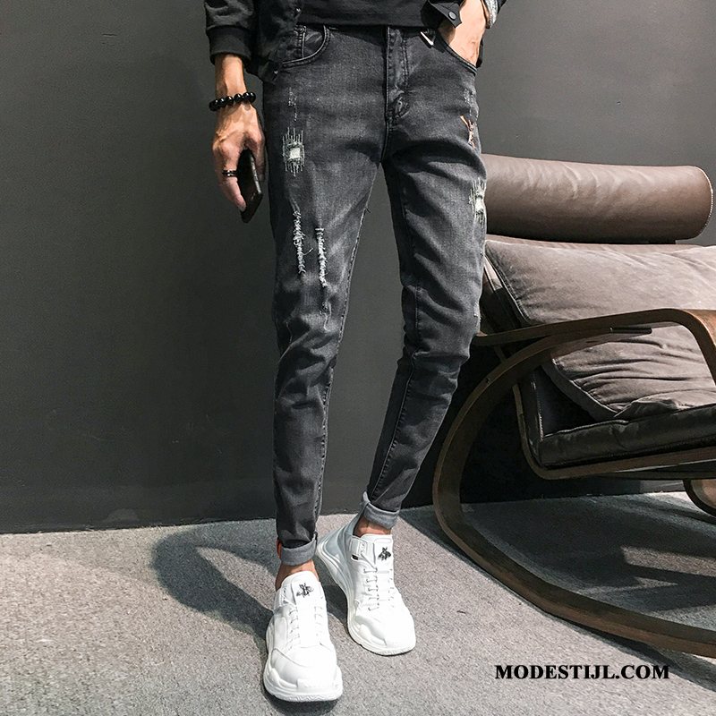 Heren Jeans Korting Potlood Broek Gaten Trend Elastiek Borduurwerk Blauw