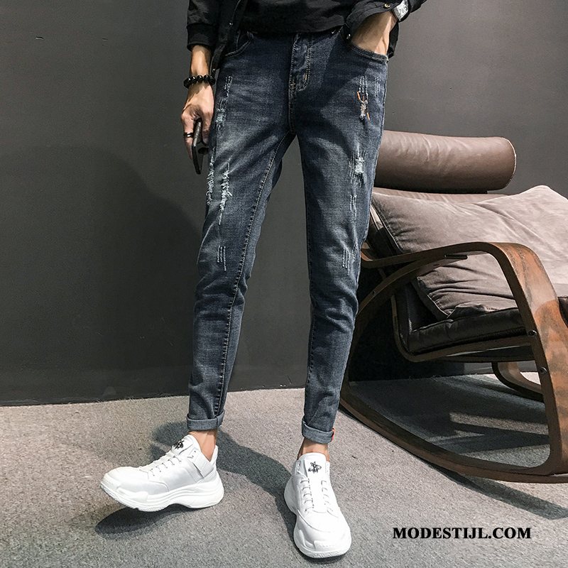 Heren Jeans Korting Potlood Broek Gaten Trend Elastiek Borduurwerk Blauw