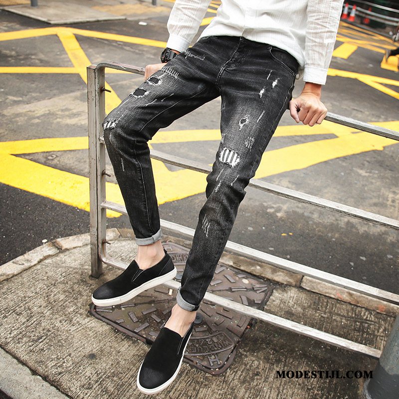 Heren Jeans Online Gaten Mini Elastiek Mannen Trendy Merk Zwart