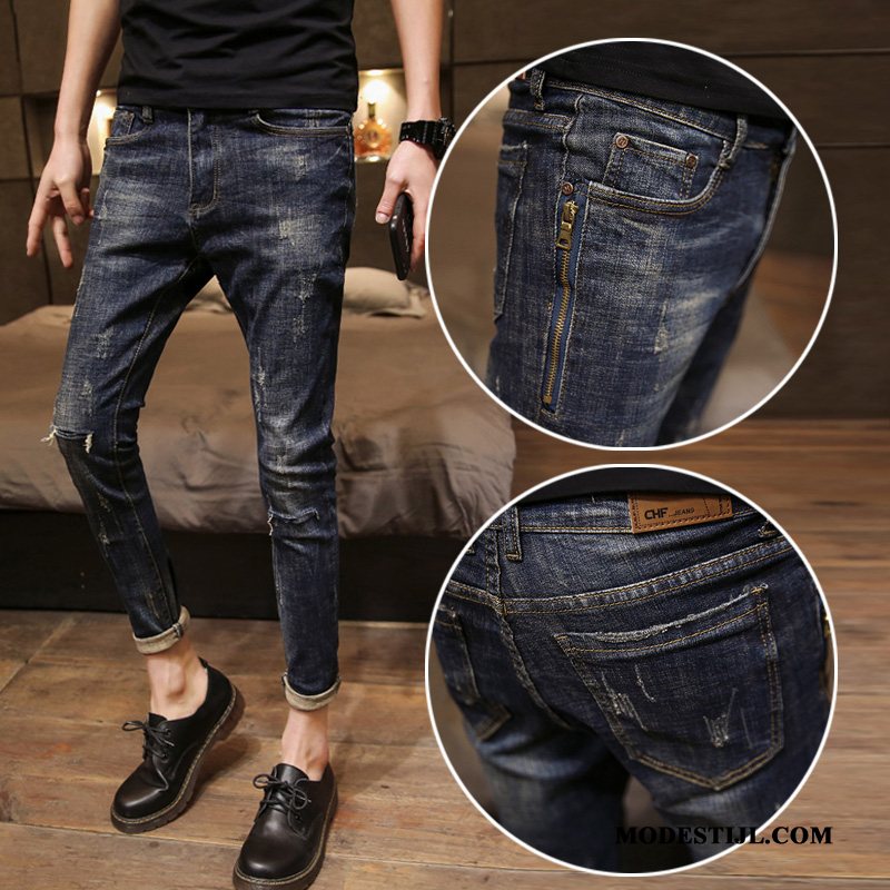 Heren Jeans Winkel Mannen Slim Fit Spijkerbroek Jeans Dunne Gaten Blauw