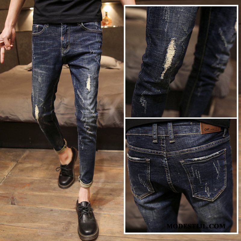 Heren Jeans Winkel Mannen Slim Fit Spijkerbroek Jeans Dunne Gaten Blauw