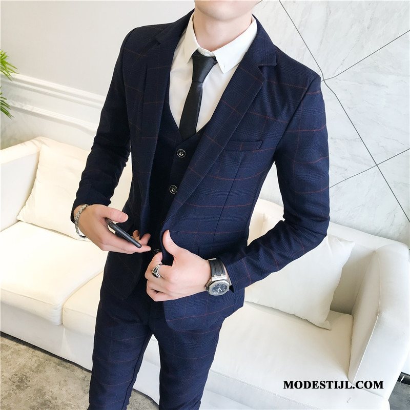 Heren Kostuum Online Vintage Pak Student Mode Slim Fit Marineblauw
