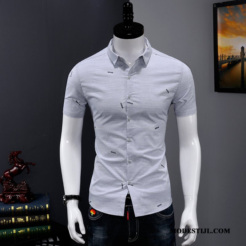Heren Overhemden Kopen Bedrukken Bedrijf Zomer Trend Korte Mouw Blauw