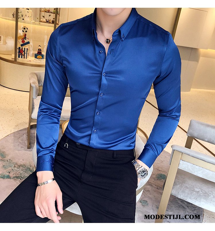 Heren Overhemden Kopen Borduurwerk Ontwerp Mannen Trend 2019 Blauw Wit