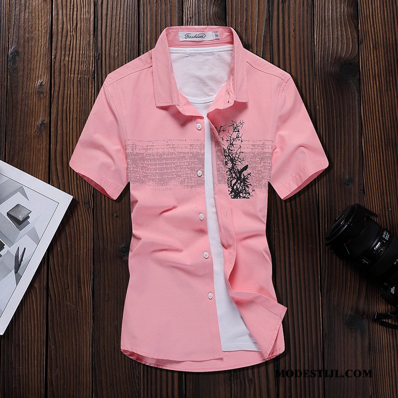 Heren Overhemden Kopen Casual Trend Mannen Overhemd Kort Mouw Bedrukken Roze