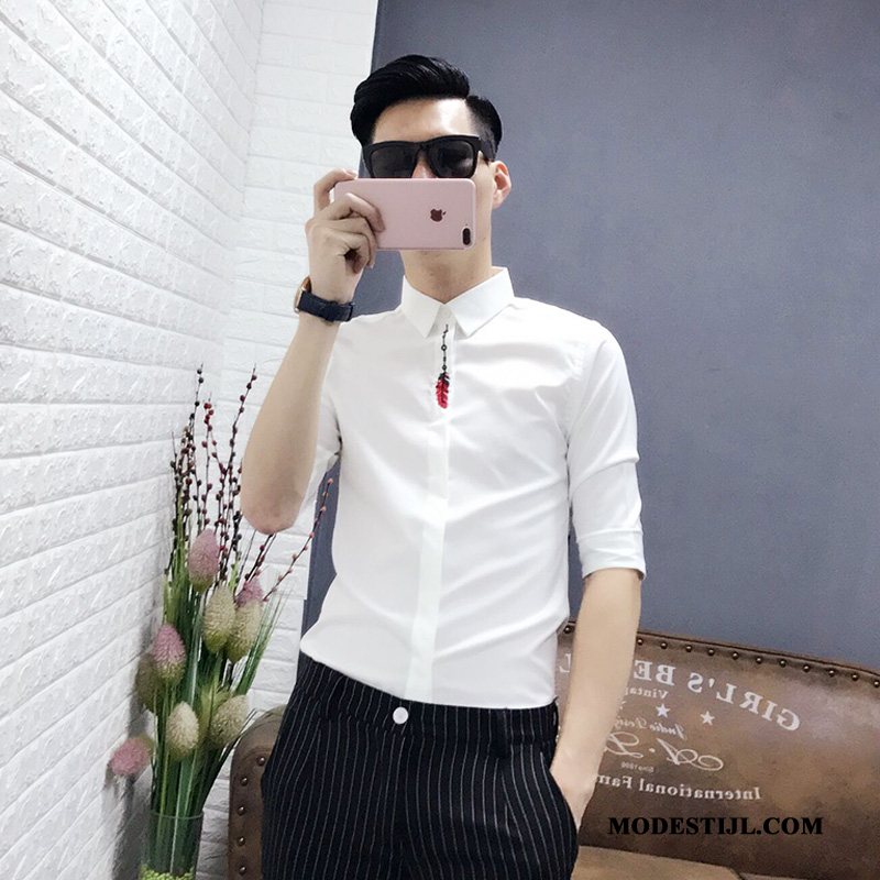 Heren Overhemden Online Mouw Korte Mouw Trend Slim Fit Borduurwerk Wit