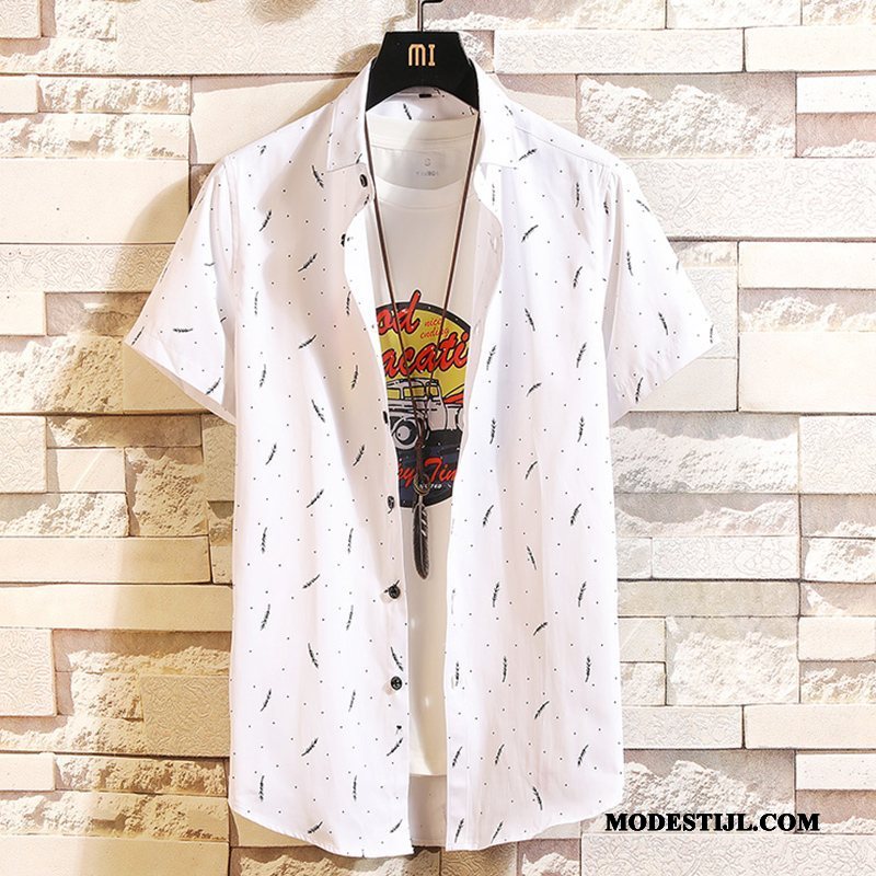 Heren Overhemden Online Overhemd Kort Mouw Mode Dunne Jeugd Bedrukken Wit