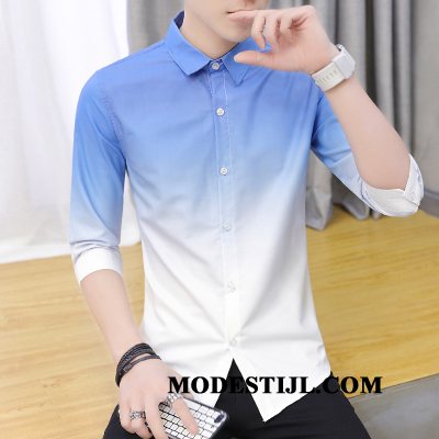 Heren Overhemden Sale Nieuw Slim Fit Halve Mouw Trend Casual Blauw