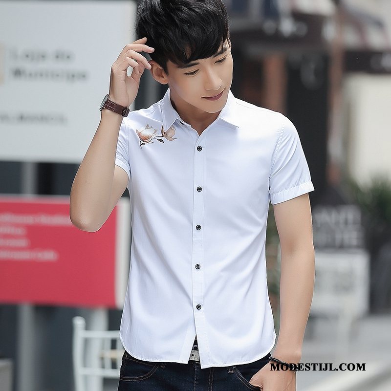 Heren Overhemden Sale Trend Mannen Bedrukken Halve Mouw Overhemd Kort Mouw Zwart