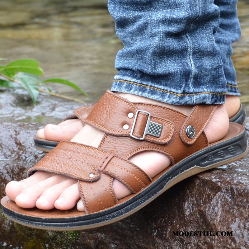 Heren Sandalen Goedkoop Zomer Ademende Leer Slijtvastheid Schoenen Zandkleur Bruine