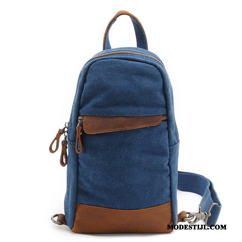 Heren Schoudertas Online Mannen Trend Canvas Borst Tas Leer Blauw Donker