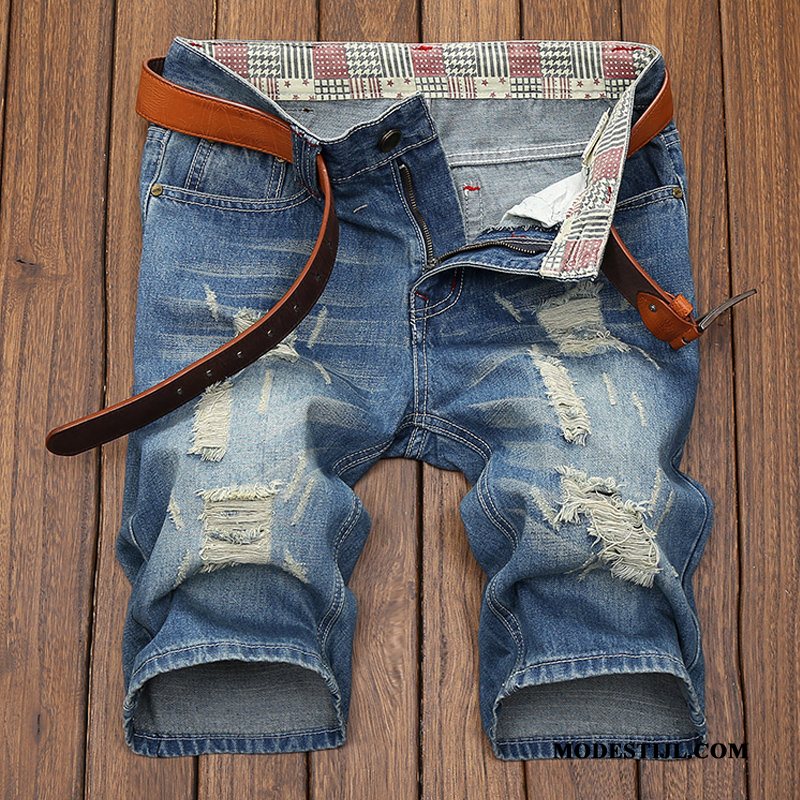 Heren Shorts Kopen Denim Korte Broek Trendy Merk Groot Gaten Donkerblauw Licht