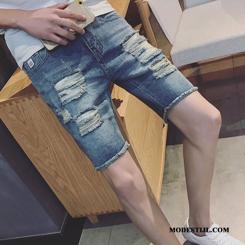 Heren Shorts Online Losse Trend Dunne Mannen Gaten Lichtblauw