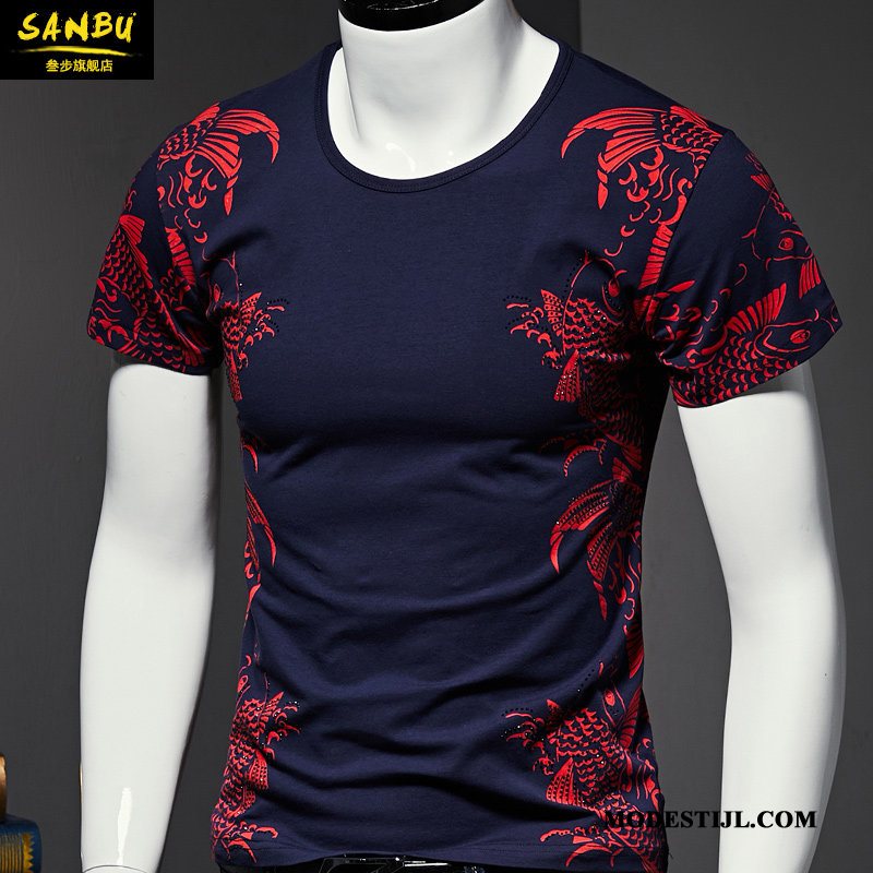 Heren T-shirts Aanbiedingen Slim Fit Halve Mouw Mannen Korte Mouw Patroon Marineblauw