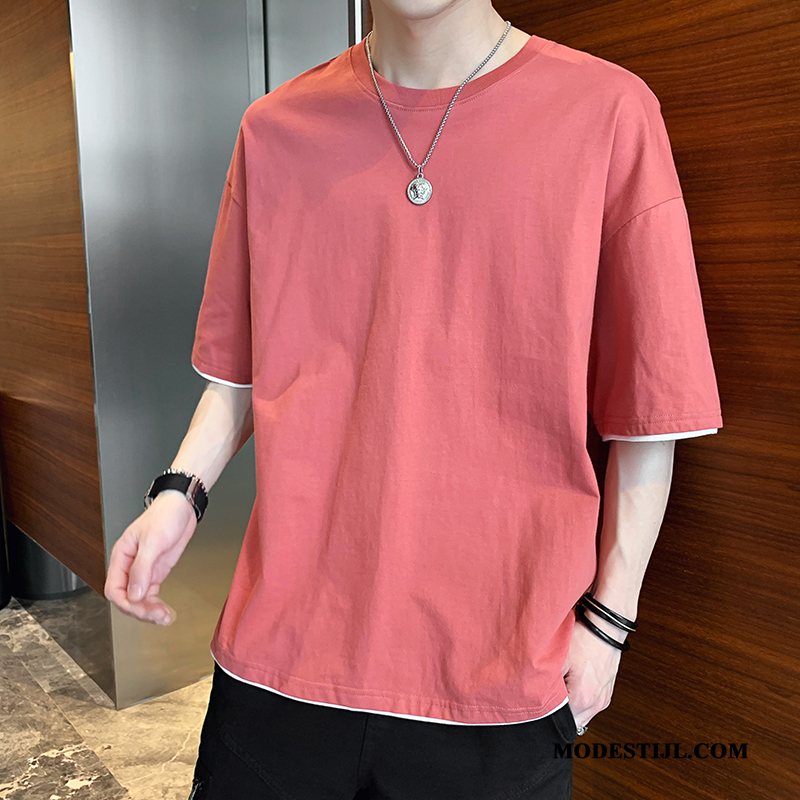 Heren T-shirts Kopen Mouw Losse Nieuw Trend Zomer Effen Kleur Rood