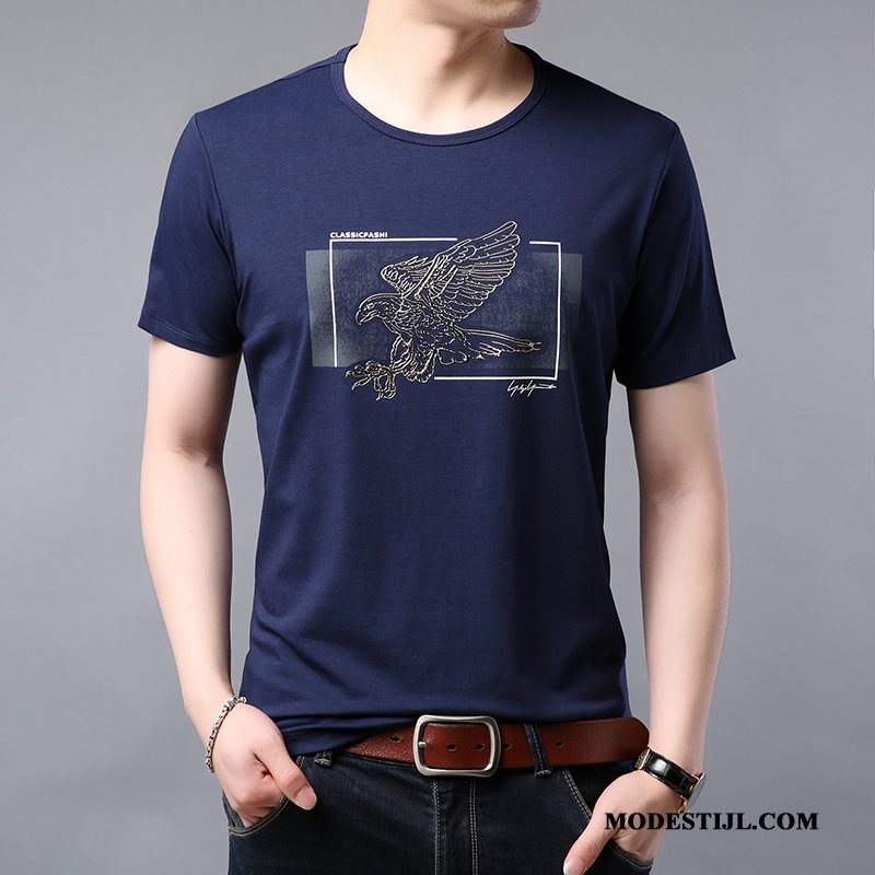 Heren T-shirts Kopen Trend Jasje Ronde Hals Mannen Bedrukken Blauw