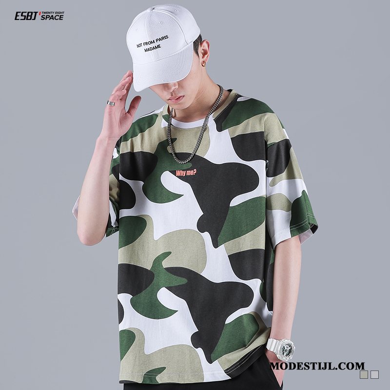 Heren T-shirts Online Losse Mannen Halve Mouw Ronde Hals Hip-hop Camouflage Wit