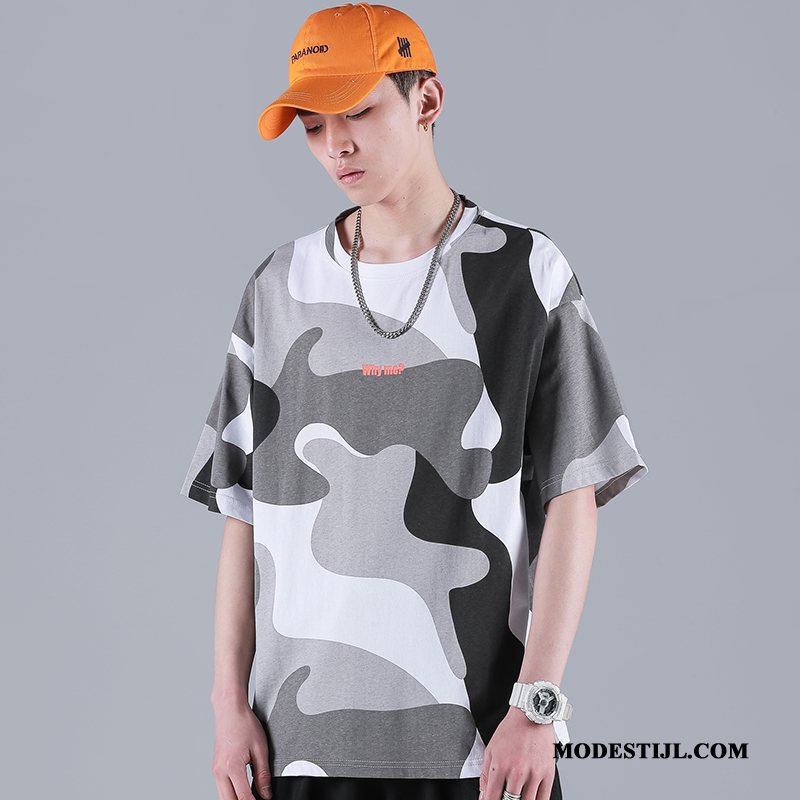 Heren T-shirts Online Losse Mannen Halve Mouw Ronde Hals Hip-hop Camouflage Wit