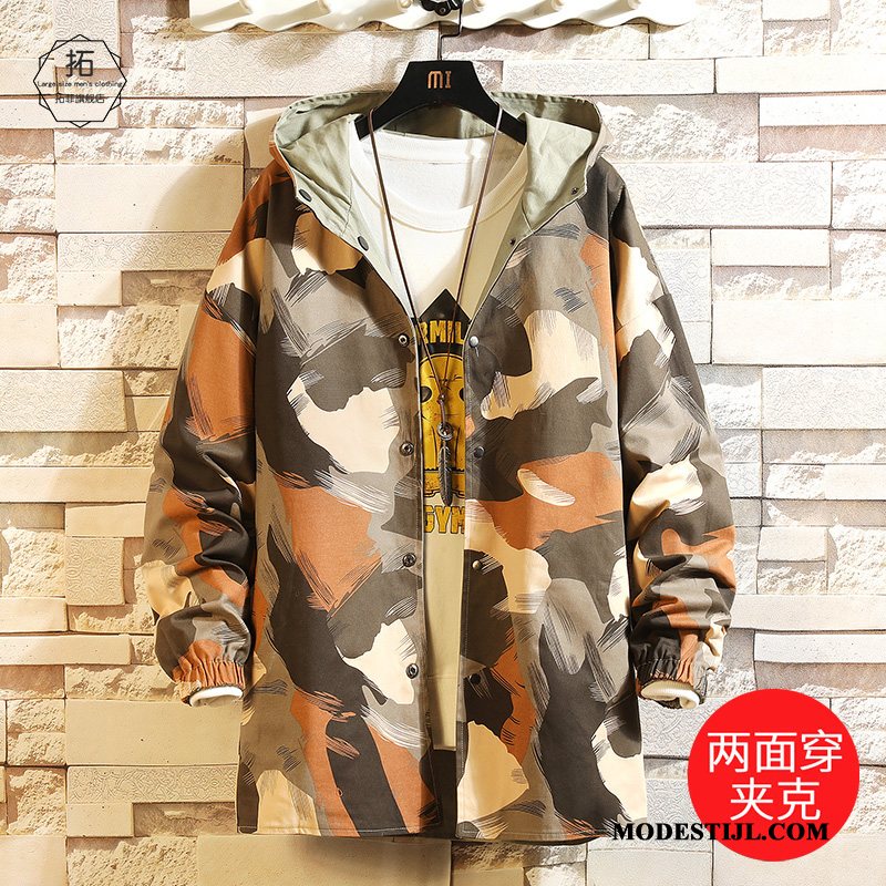 Heren Trenchcoat Goedkoop Hoodie Cargo Herfst Jas Losse Camouflage Groen