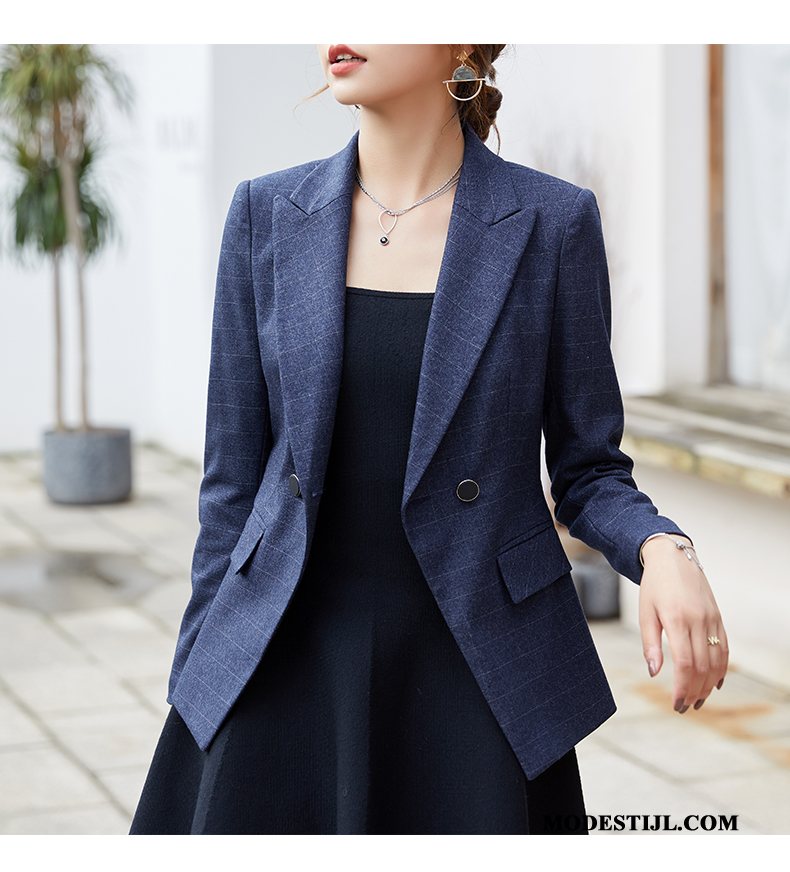 Dames Blazer Goedkoop Kort Nieuw Voorjaar Geruit Casual Rode Wijn Marineblauw