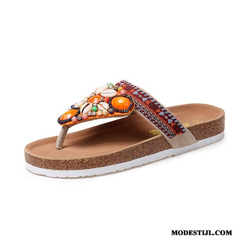 Dames Flip Flops Kopen Pantoffels Schelp Houten Strand Zomer Zandkleur Beige Oranje