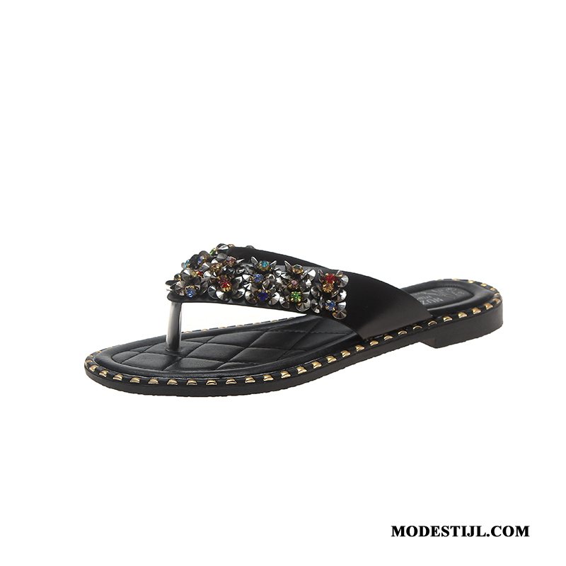 Dames Flip Flops Kopen Plat Met Strass Bovenkleding Vrouwen Outdoor Zwart