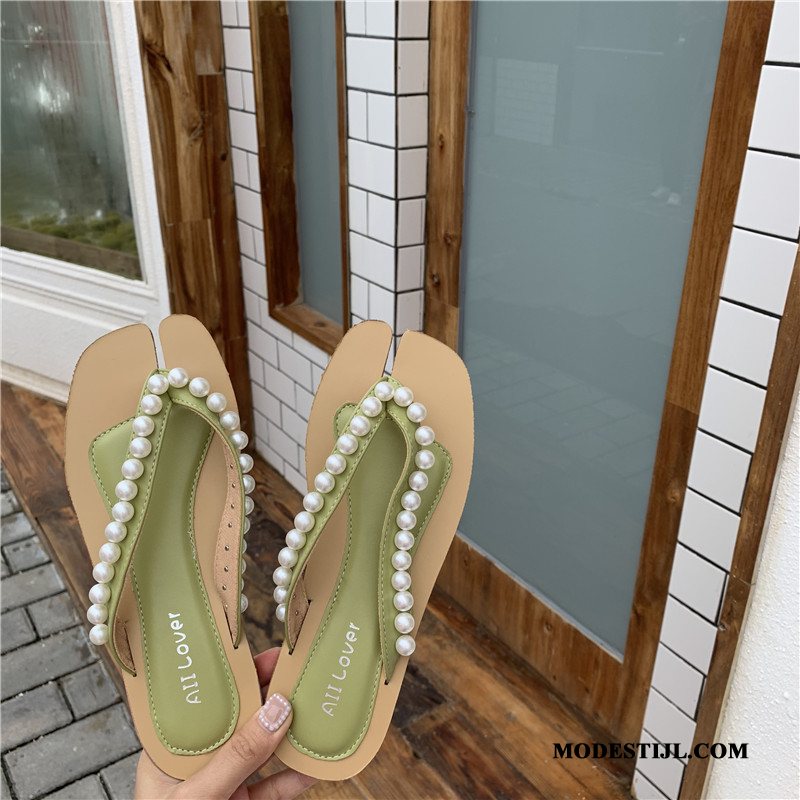 Dames Flip Flops Kopen Slipper Parel Vrouwen Plat Zachte Zolen Lichtgroen