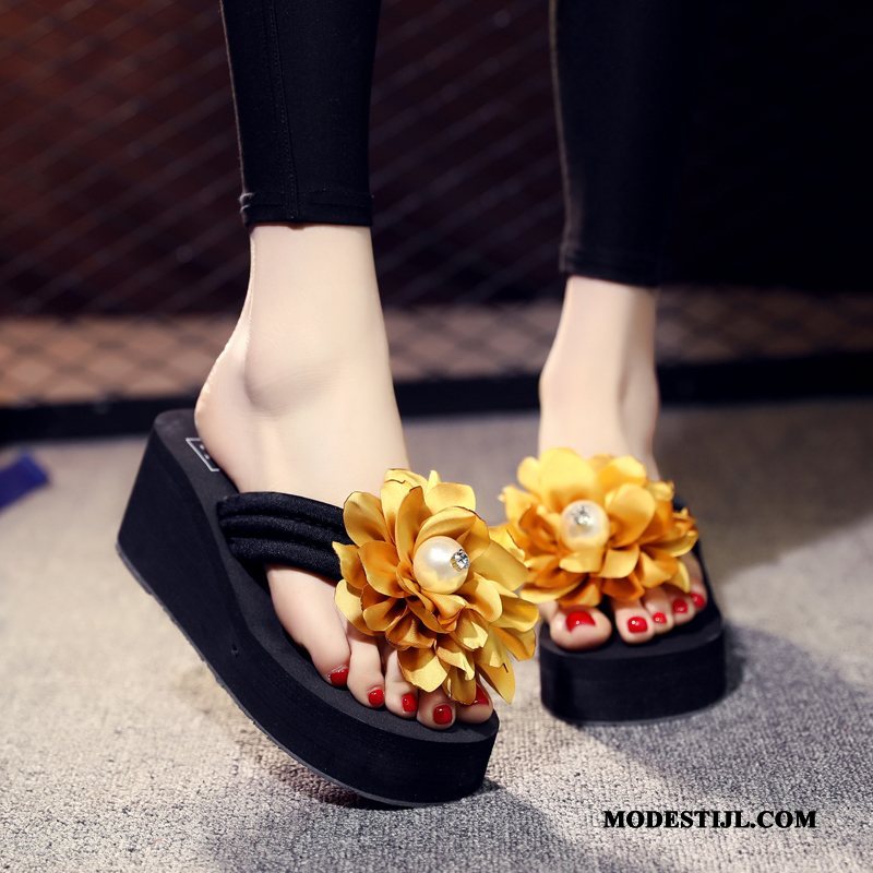 Dames Flip Flops Online Antislip Slipper Pantoffels Bloemen Mode Zandkleur Geel