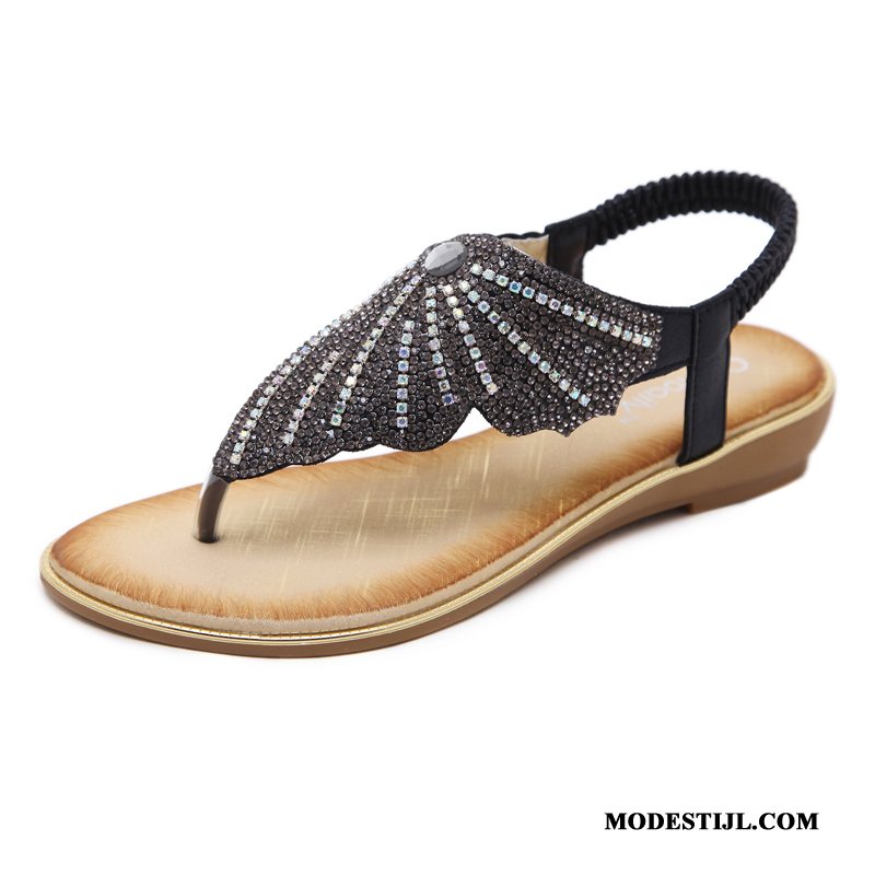 Dames Flip Flops Online Elegante Sandaal Platte Zool Zomer Mode Zandkleur Zwart Beige