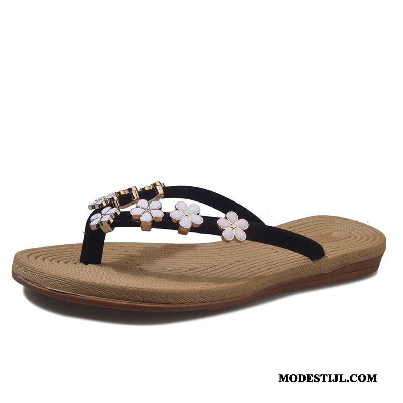 Dames Flip Flops Sale Outdoor Met Strass Alle Wedstrijden Platte Zool Slipper Zandkleur Zwart