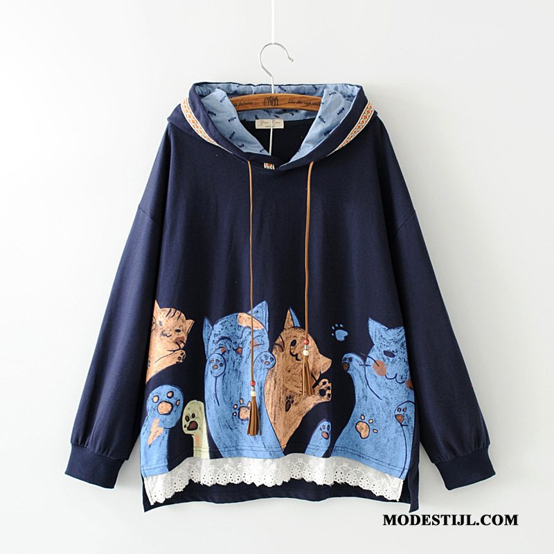 Dames Hoodies Kopen Vrouwen Nieuw Losse Verbinding Bloemen Marineblauw