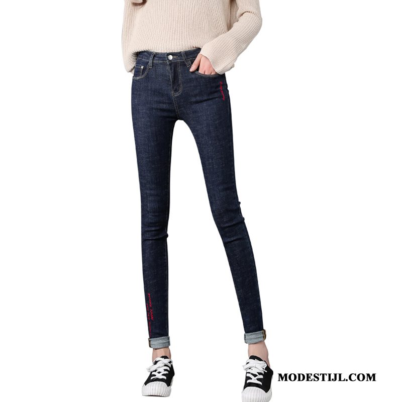 Dames Jeans Online Potlood Broek Elastiek Franjes Dunne Vrouwen Blauw