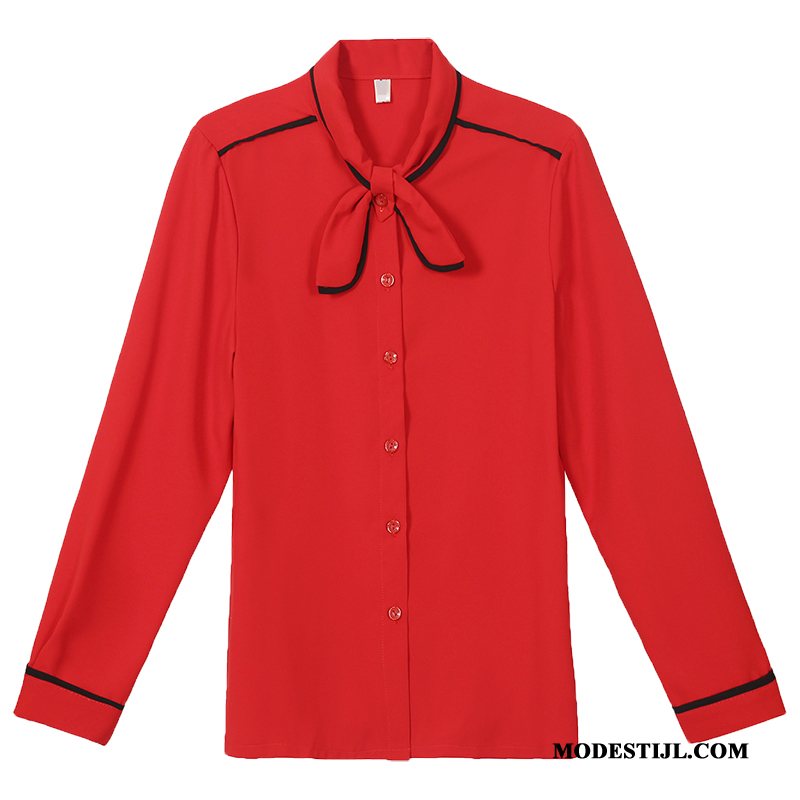 Dames Overhemden Goedkoop 2019 Mini Nieuw Lange Mouwen Chiffon Rood