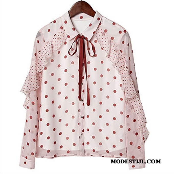 Dames Overhemden Goedkoop Lange Mouwen Nieuw 2019 Blouse Overhemd Vlinderdas Rood Wit