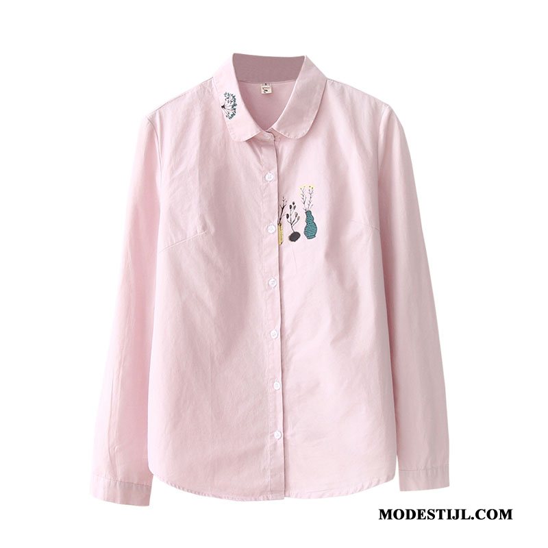 Dames Overhemden Online Bedrukken Eenvoudige Blouse Overhemd Katoen Vrouwen Effen Kleur Roze