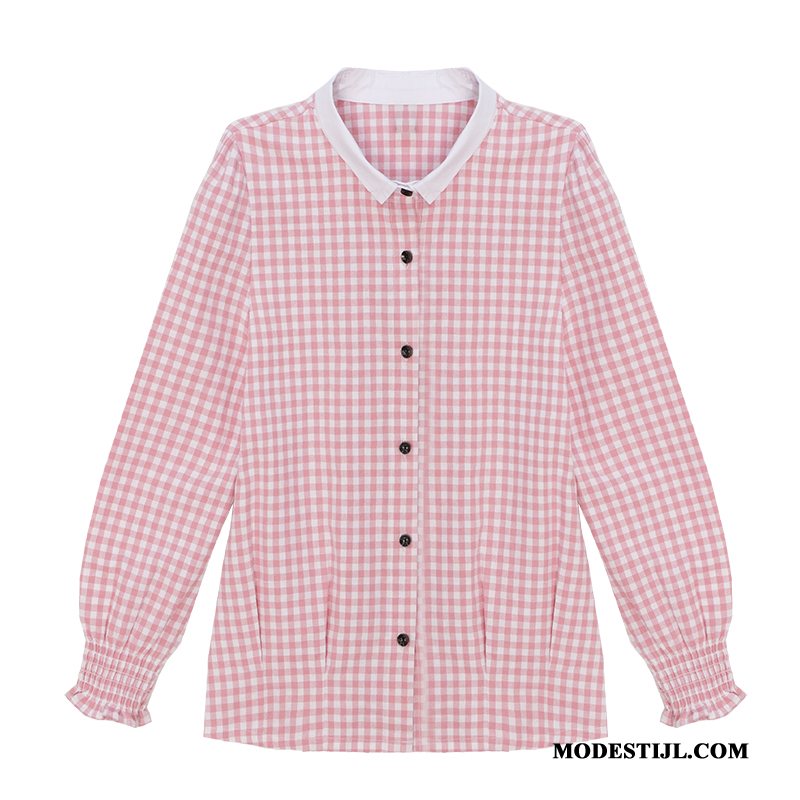 Dames Overhemden Online Geruit Dunne Mode Blouse Overhemd Herfst Roze