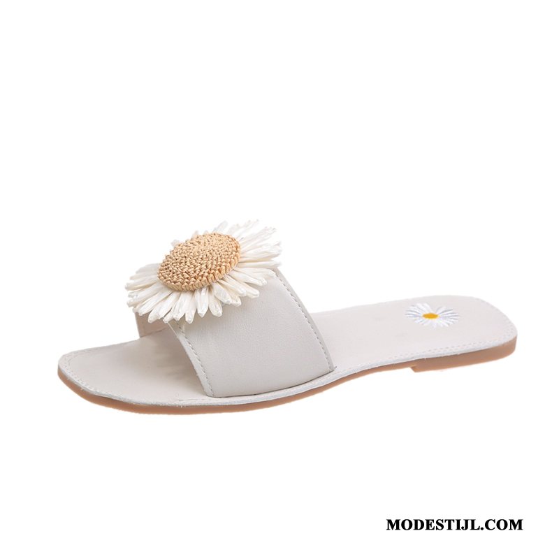 Dames Pantoffels Goedkoop Eenvoudige Zachte Zolen Bovenkleding Zomer Mode Zandkleur Wit