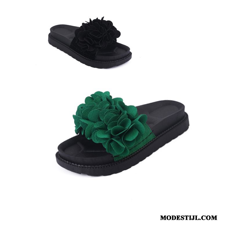 Dames Pantoffels Online Naad Bloemen Zomer 2019 Vrouwen Zandkleur Groen