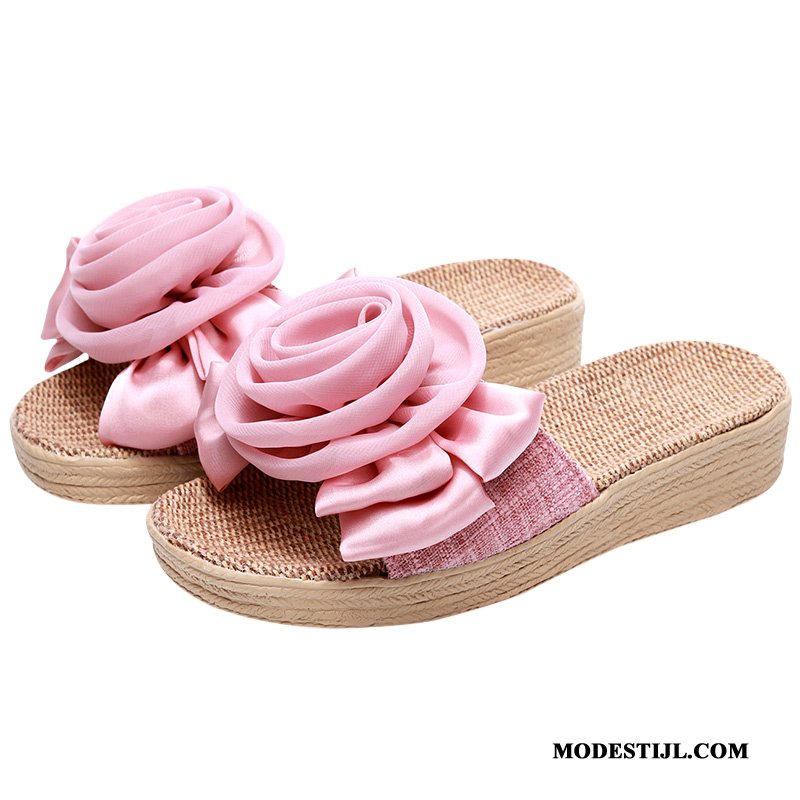 Dames Pantoffels Online Sleehak Mooie Zomer Chiffon Plateauzool Roze