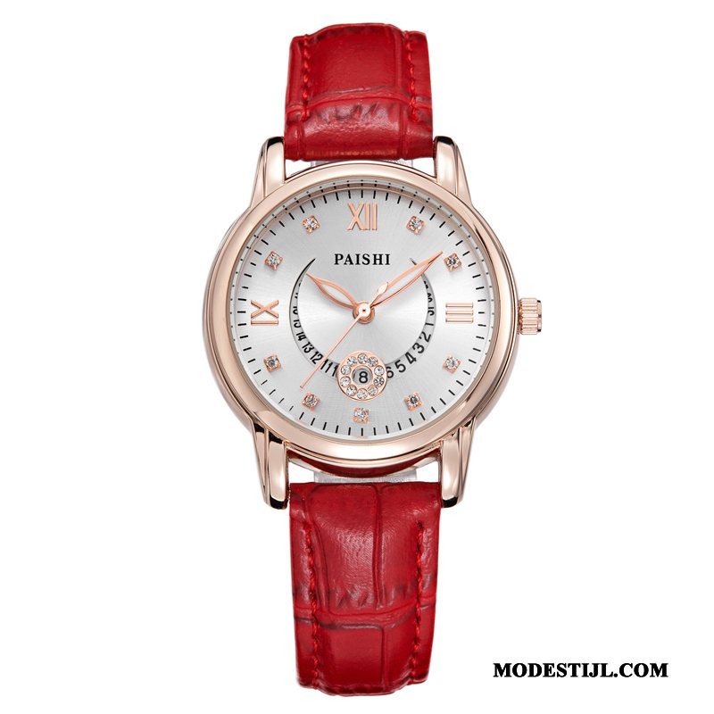 Dames Polshorloge Korting Casual Echt Leer Quartz Horloge Echte Waterdicht Rood