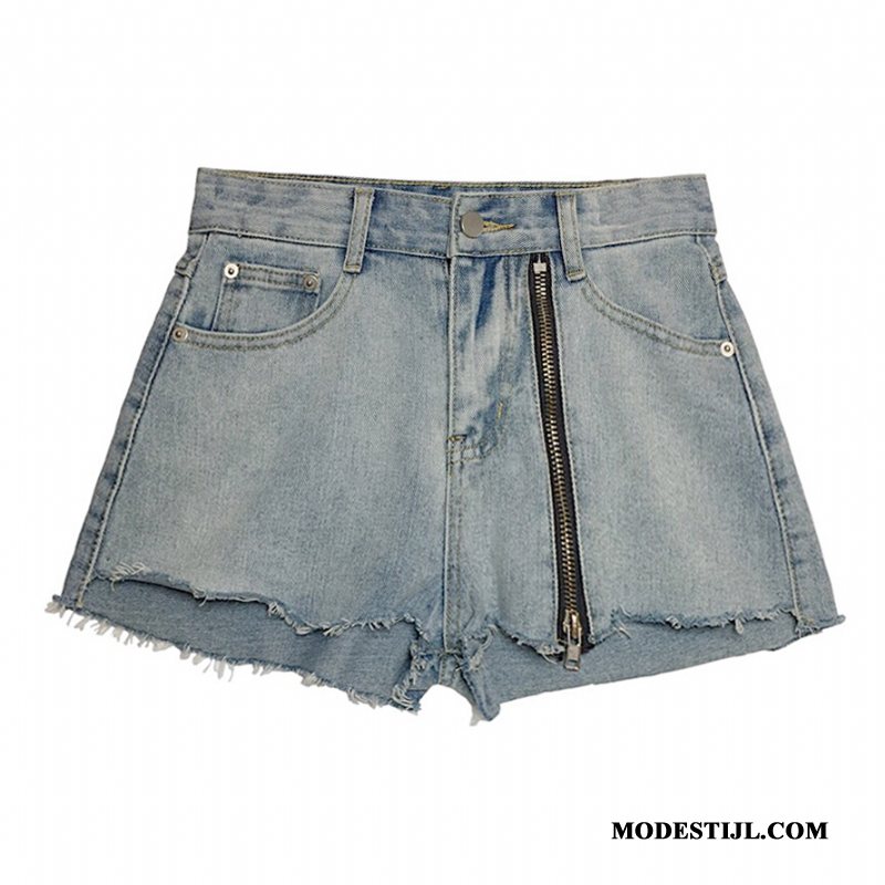 Dames Shorts Kopen Rits Korte Broek Hoge Taille Trend Denim Lichtblauw Blauw Zwart