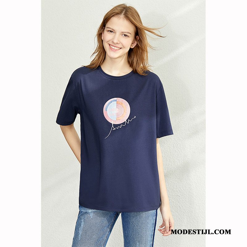 Dames T-shirts Korting Jasje Zomer Bedrukken Korte Mouw Trend Donkerblauw Wit