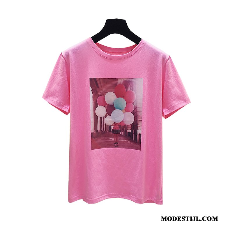 Dames T-shirts Winkel Halve Mouw Zomer Katoen Korte Mouw 2019 Roze Rood Wit