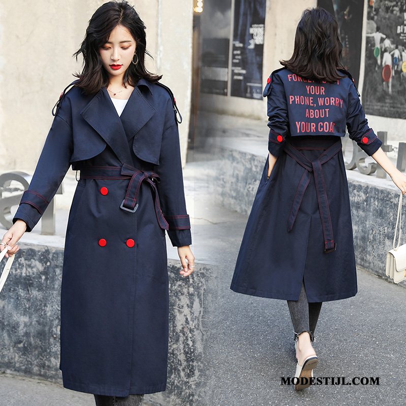 Dames Trenchcoat Goedkoop Elegante Lange Mouwen Letter Persoonlijk Comfortabele Marineblauw