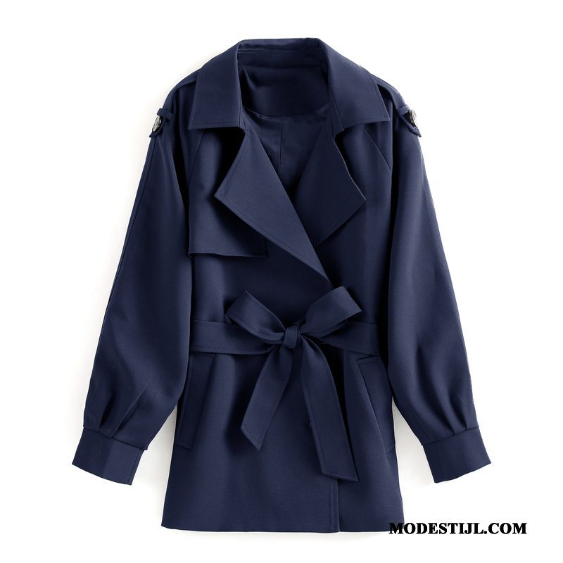 Dames Trenchcoat Goedkoop Mode Kort Jas Dubbele Knop Elegante Marineblauw