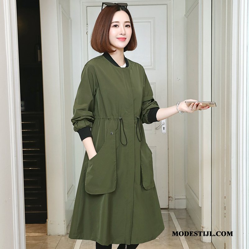 Dames Trenchcoat Goedkoop Vrouwen 2019 Herfst Lang Slim Fit Legergroene Effen Kleur