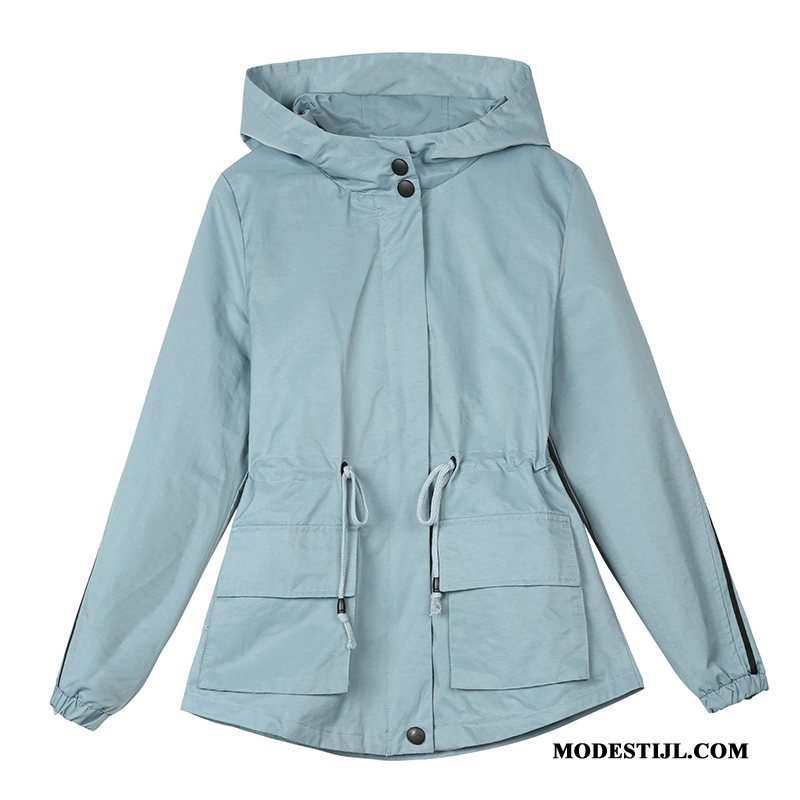 Dames Trenchcoat Kopen Kort Strakke Verbinding Hoodie Lange Mouwen Blauw